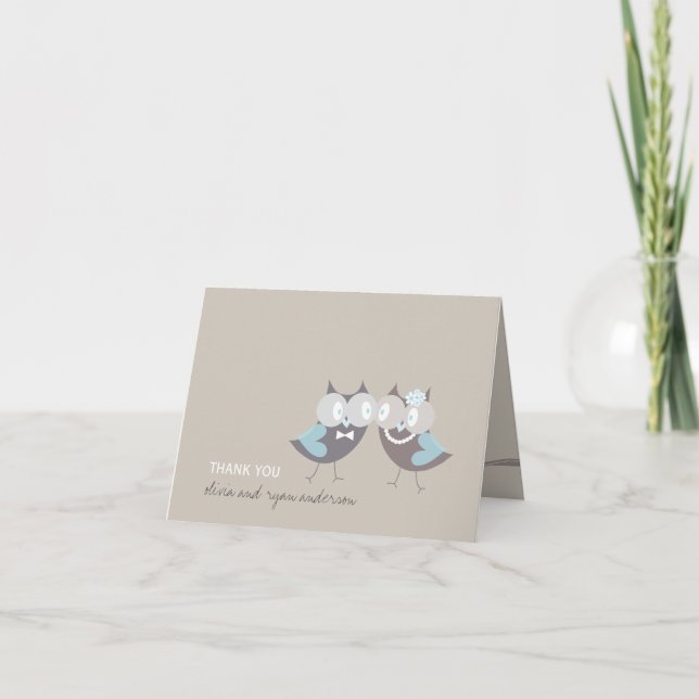 Whimsical Cute Wedding Brown Blue Owls Thank You Card (Front)