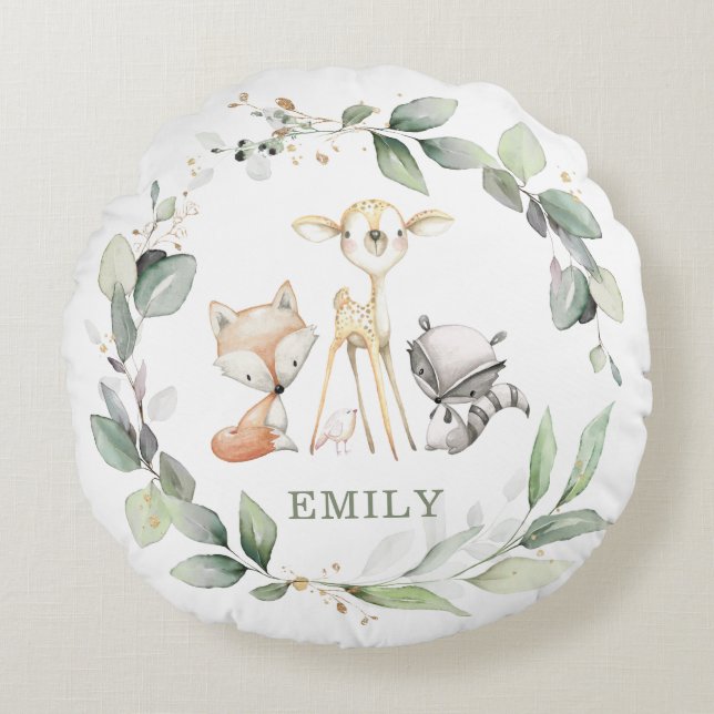 Whimsical Cute Woodland Animals Greenery Wreath Round Pillow (Front)