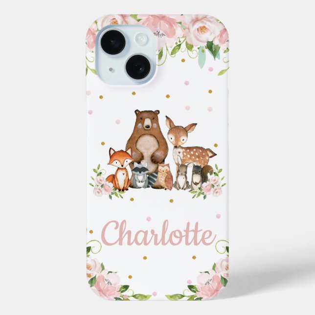 Whimsical Cute Woodland Animals Pink Blush Floral Case-Mate iPhone Case (Back)
