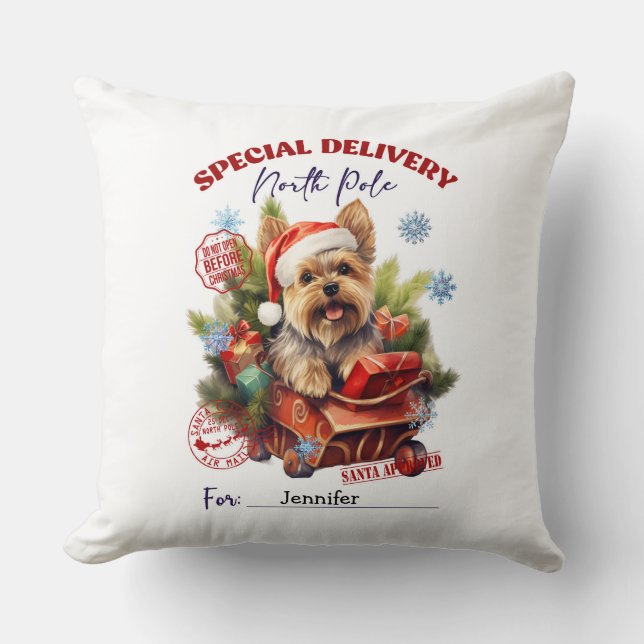 Whimsical Cute Yorkie Christmas Throw Pillow (Front)