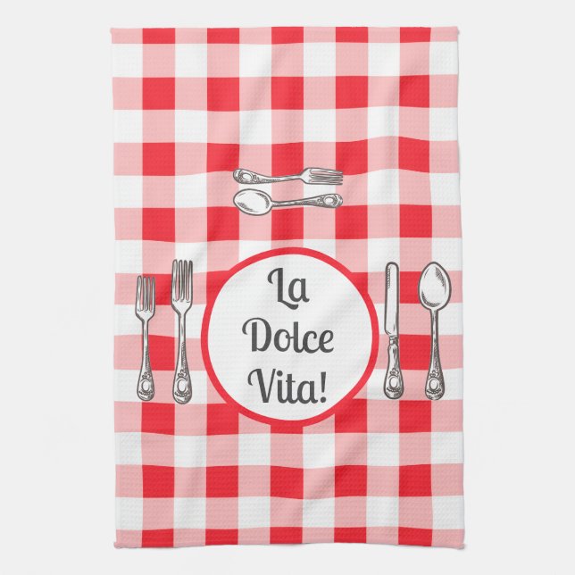 Whimsical Cutlery Dolce Vita Red Check  Kitchen Towel (Vertical)