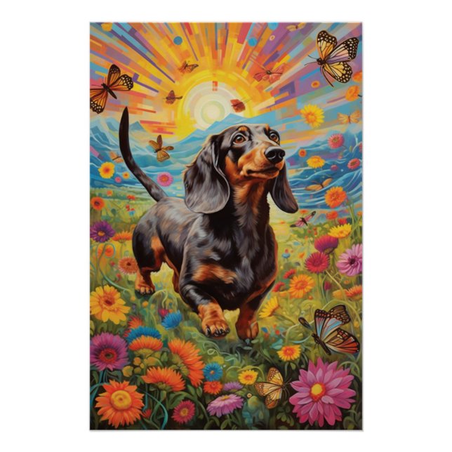 Whimsical Dachshund and Butterfly Dance Poster (Front)