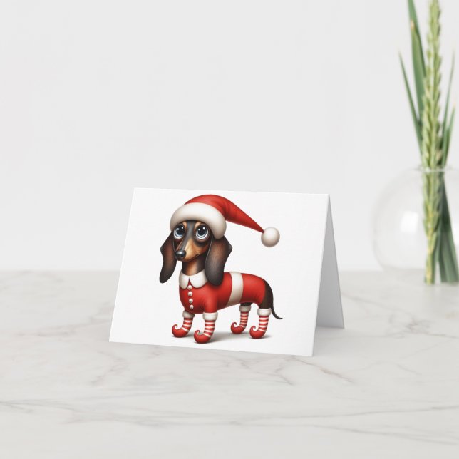 WHIMSICAL DACHSHUND ELF CHRISTMAS CARD (Front)