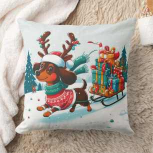 Whimsical Dachshund Reindeer Christmas - Xmas Throw Pillow