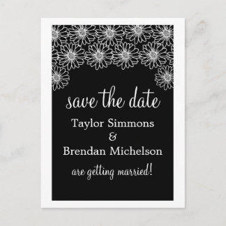 Whimsical Daisies Save the Date Postcard, Black Announcement Postcard