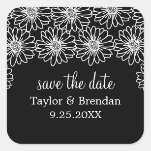 Whimsical Daisies Save the Date Stickers, Black Square Sticker