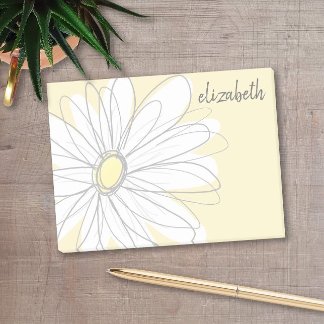 Whimsical Daisy - add your name yellow gray Post-it Notes (Personalized post-it notes with a monogram and whimsical daisy drawing - low quantity available)