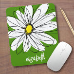Whimsical Daisy - avocado green trendy script name Mouse Pad<br><div class="desc">A zen and whimsical drawing of a daisy. The modern lines are hand-drawn and include white petals and a yellow centre for the flower. The background is a vibrant green - and the name is a trendy script in white. You can add a name, monogram or other custom text. If...</div>