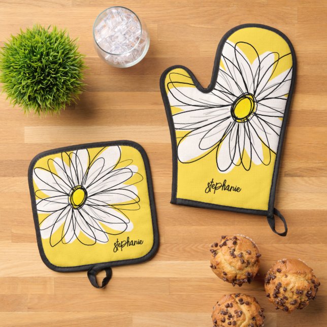 Whimsical Daisy Custom Text and can edit colour Oven Mitt & Pot Holder Set (Top Down)
