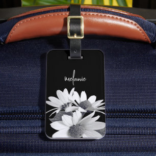 Whimsical Daisy Flower Custom Text & Colours Black Luggage Tag