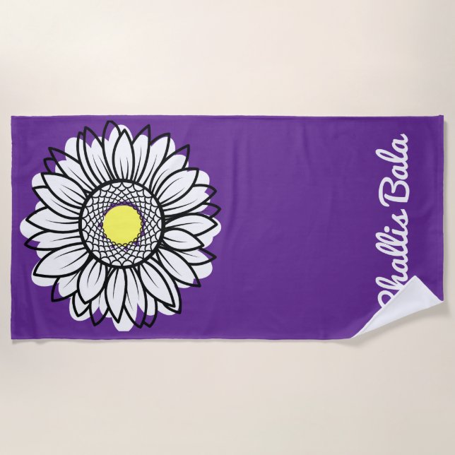 Whimsical Daisy Orchid Script Name Beach Towel (Front)