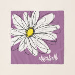 Whimsical Daisy - orchid - trendy script name Scarf<br><div class="desc">A zen and whimsical drawing of a daisy. The modern lines are hand-drawn and include white petals and a yellow centre for the flower. The background is a soft, pastel purple - and the name is a trendy script in white. You can add a name, monogram or other custom text....</div>