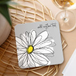 Whimsical Daisy - orchid - trendy script name Square Paper Coaster<br><div class="desc">A zen and whimsical drawing of a daisy. The modern lines are hand-drawn and include white petals and a yellow centre for the flower. The background is a soft grey - and the name is a trendy script. You can add a name, monogram or other custom text. If you need...</div>