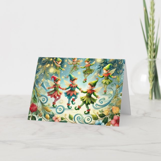 Whimsical Dancing Elves Holiday Card (Front)