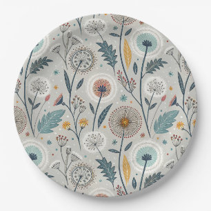 Whimsical Dandelion & Floral Folk Art Seamless Paper Plate