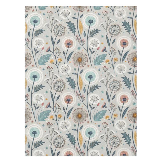 Whimsical Dandelion & Floral Folk Art Seamless Tablecloth (Front)