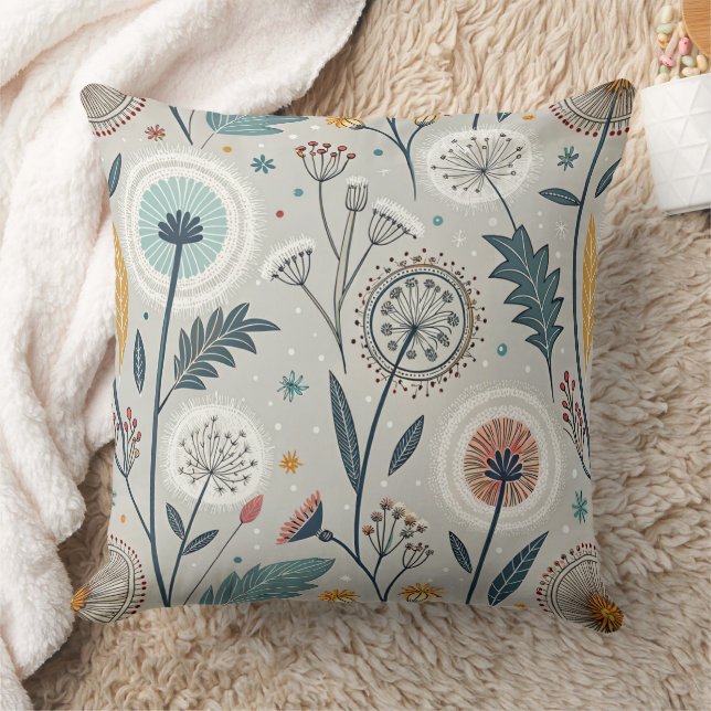 Whimsical Dandelion & Floral Folk Art Seamless Throw Pillow (Blanket)