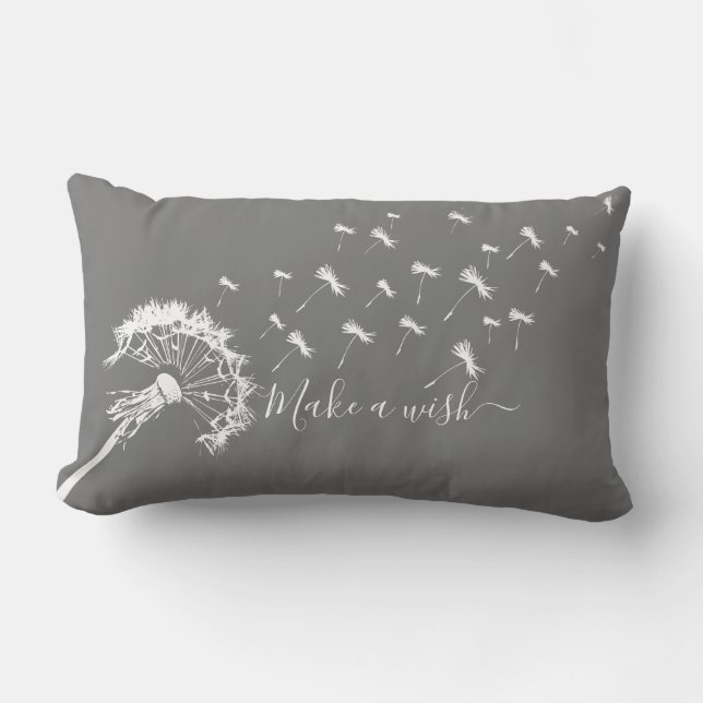 Whimsical Dandelion Make a Wish Grey White Lumbar Pillow (Front)