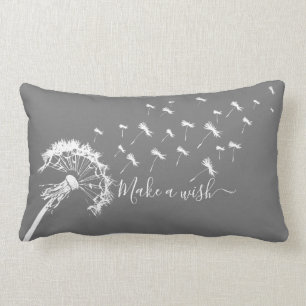 Whimsical Dandelion Make a Wish Grey White Lumbar Pillow