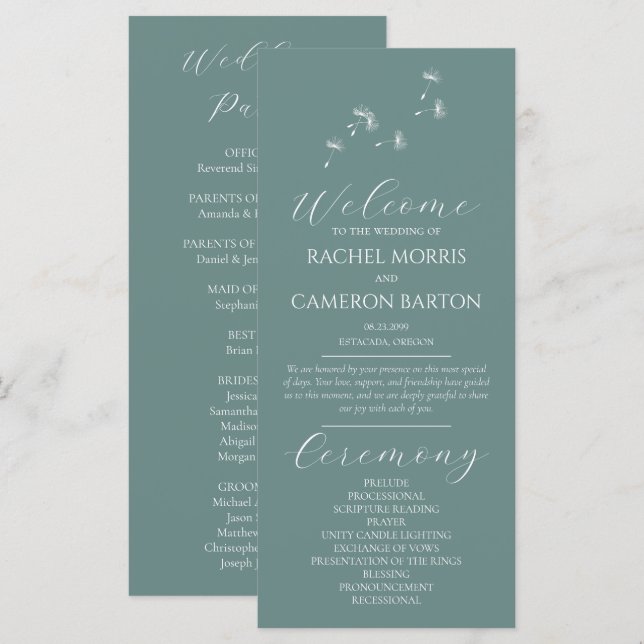 Whimsical Dandelion Wedding Ceremony Program  (Front/Back)