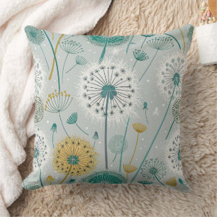 Whimsical Dandelion - Yellow, White & Teal Throw Pillow