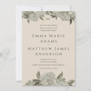 Whimsical Dark Green Floral Watercolor Wedding Invitation