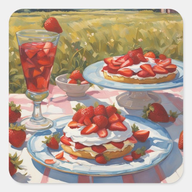 Whimsical decadent Strawberry Shortcake party Square Sticker (Front)
