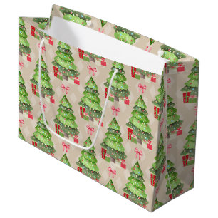 Whimsical Decorated Christmas Trees and Red Bows Large Gift Bag