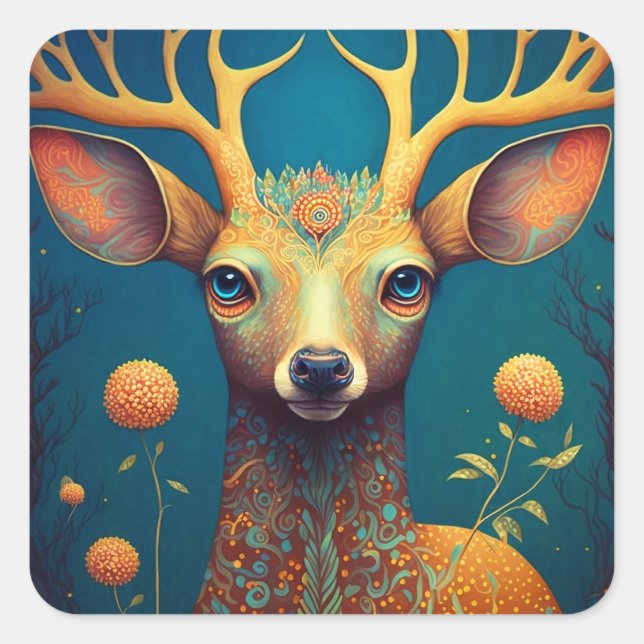 Whimsical Deer Fantasy Art Square Sticker (Front)