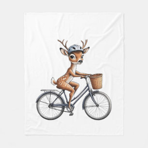 Whimsical Deer Riding a Bicycle – Hand-Drawn Fleece Blanket