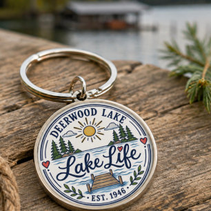 Whimsical Deerwood Lake Dock Pines Keychain