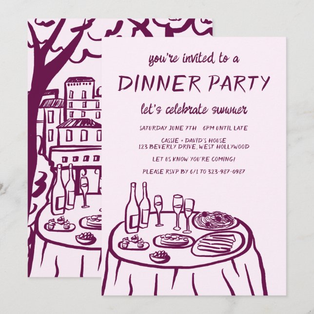 Whimsical Dinner Party Balcony Custom Hand-drawn Invitation (Front/Back)