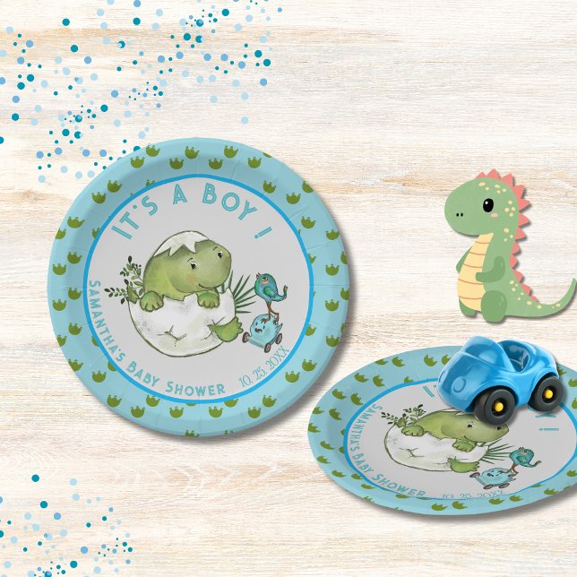 Whimsical Dino Egg Hatch Boy Baby Shower  Paper Plate (Whimsical Dino Egg Hatch Boy Baby Shower Paper Plates)