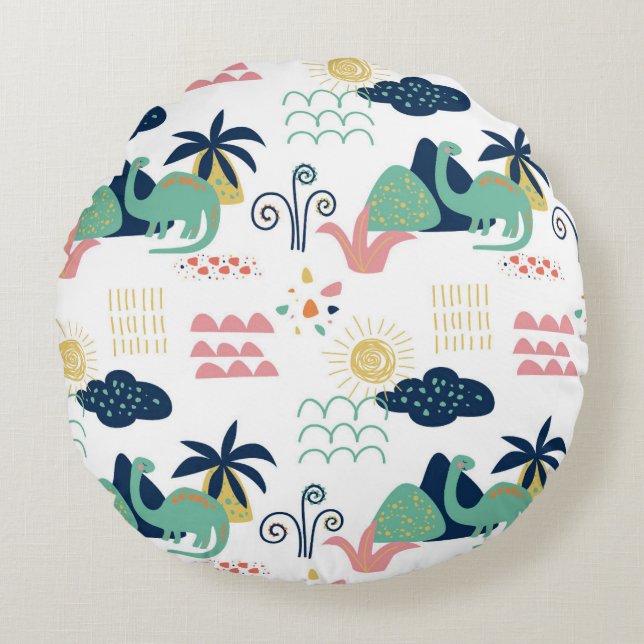 Whimsical Dinosaur Landscape Pattern Round Pillow (Front)