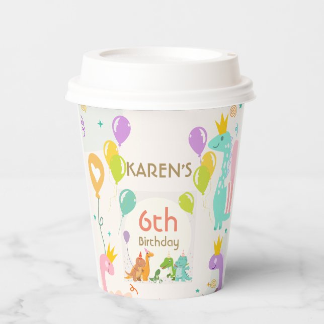 Whimsical Dinosaur Princess Birthday Paper Cups (Front)