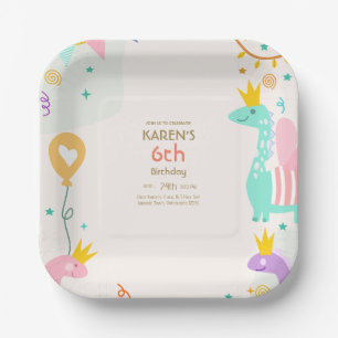 Whimsical Dinosaur Princess Birthday Paper Plate