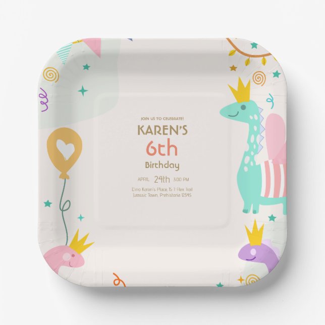 Whimsical Dinosaur Princess Birthday Paper Plate (Front)