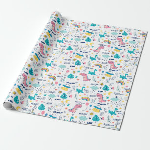 Whimsical Dinosaurs and Unicorns For Child Wrapping Paper