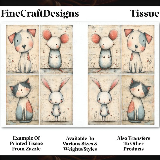 Whimsical Dog, Cat, Mouse & Bunny DS1B Decoupage Tissue Paper (Creator Uploaded)