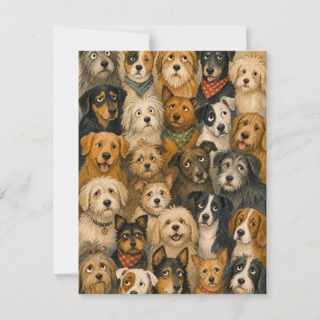 Whimsical Dog Crowd Note Card for Dog Lovers (Front)