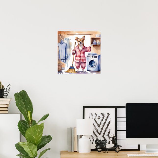 Whimsical Dog in Pyjamas Doing Laundry  Poster (Home Office)