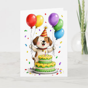 Whimsical Dog Party Hat Cake Balloons Birthday Card