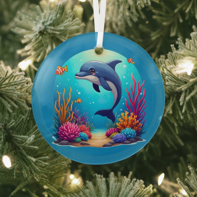 Whimsical Dolphin in Vibrant Coral Reef Glass Ornament (Insitu)