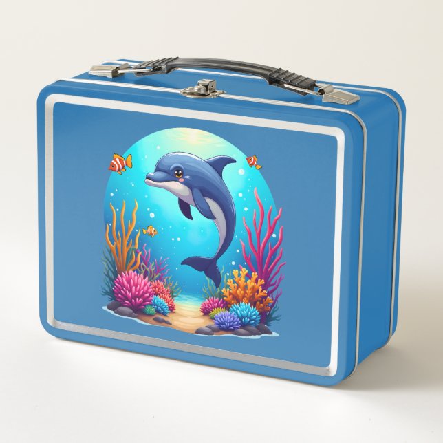 Whimsical Dolphin in Vibrant Coral Reef Metal Lunch Box (Front)
