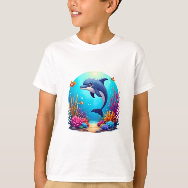Whimsical Dolphin in Vibrant Coral Reef T-Shirt (Front)