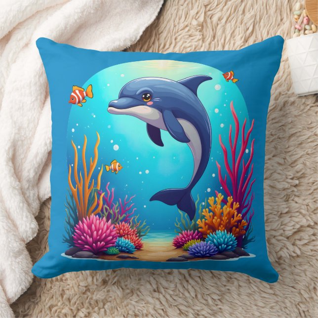 Whimsical Dolphin in Vibrant Coral Reef Throw Pillow (Blanket)