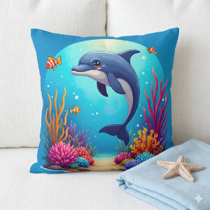 Whimsical Dolphin in Vibrant Coral Reef Throw Pillow