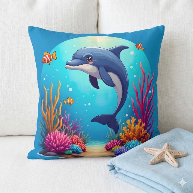 Whimsical Dolphin in Vibrant Coral Reef Throw Pillow (Whimsical Dolphin in Vibrant Coral Reef Throw Pillow Mockup A)