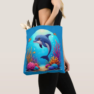 Whimsical Dolphin in Vibrant Coral Reef Tote Bag