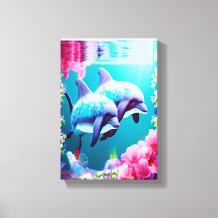 Whimsical Dolphins and Floral Underwater Canvas Print